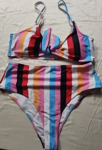 Size XL Women's Swimsuit Highwaisted Bikini 2 Piece Striped - Picture 1 of 3
