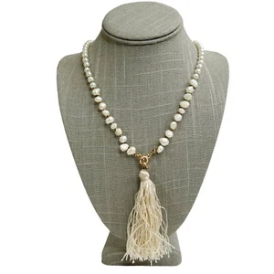 NWT Freshwater & Faux Pearl Leaf Toggle Ivory Tassel Necklace Coastal Bohemian - Picture 1 of 12