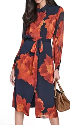 NWT Calvin Klein Printed Midi Shirtdress 4, Indigo Multi, pockets, $139 - Image 1 of 4