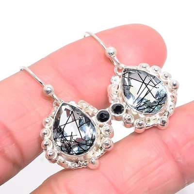 Salt Paper Rutilated Quartz & Black Onyx 925 Silver Earring 1.22" T4 - Image 1 of 3