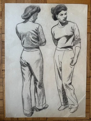 1940s Charcoal Pencil Academic Illustration Drawing Woman Portrait 23 x 17 - Image 1 of 4
