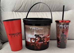 Tron Ares Cinemark Popcorn Bucket & 2 Cups! 44oz Cup & Tumbler With Straw & Lid - Picture 1 of 3