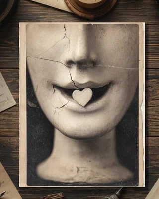 Vintage Victorian Cracked Statue with Heart Valentine Card Gothic Antique - Image 1 of 4