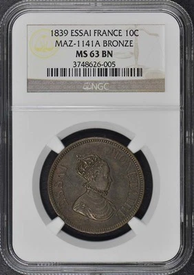 1839 France Essai 10C Maz-1141A NGC MS63 BN Bronze - Image 1 of 4