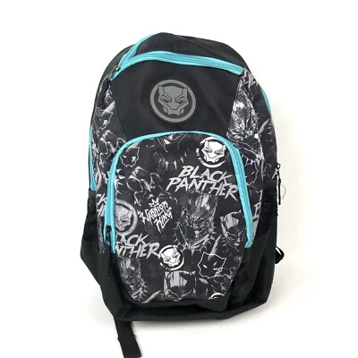 Mochila Marvel Black Panther acolchada bolsillos laterales con cremallera negra azul aguamarina Foto 1 de 4