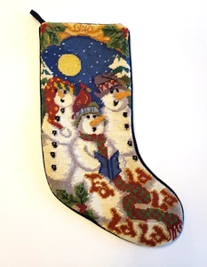 Vintage Needlepoint Caroling Snowmen Christmas Stocking Navy Blue Velvet Back - Picture 1 of 7