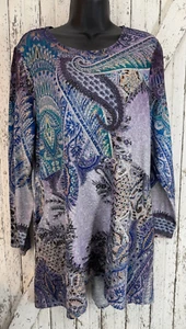 Chico's Top Womens Tunic Knit Swing Pockets Purple Blue Paisley Size 2 - Picture 1 of 9