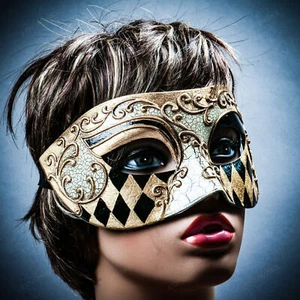 Venetian Eye Mask Classic Phantom Masquerade Ball Mask w/ Unique Gold Checker - Picture 1 of 8