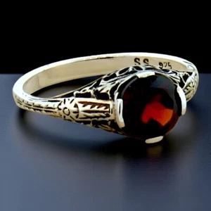 ANILLO DISEÑO CLÁSICO PLATA ESTERLINA 925 ESTILO ART DECO GRANATE GENUINO #180 - Imagen 1 de 3