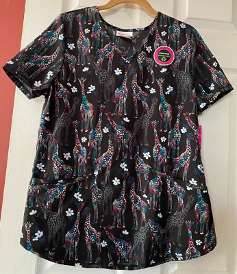 NWT ScrubStar Nursing Top Sz Small colorful giraffe flowers stretch s/s - Image 1 of 4