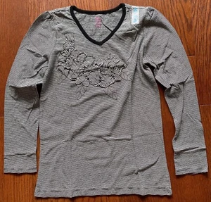 NWT Girl The Children’s Place Black White striped Floral long sleeve shirt 10/12 - Picture 1 of 4