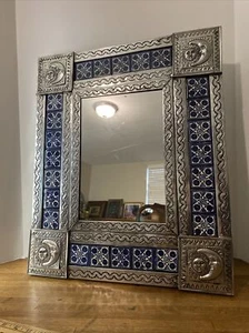 Mexican Punched Tin & Tile Sun Moon Mirror, 18” X 22.5” Folk Art, Blue White - Picture 1 of 7