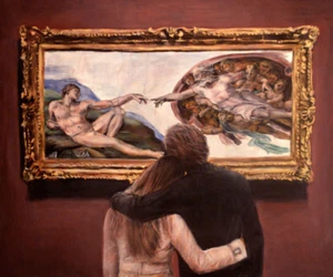 PINTURA AL ÓLEO ORIGINAL ESCHA VAN DEN BOGERD ""Watching Creation Adam Michelangelo - Imagen 1 de 1