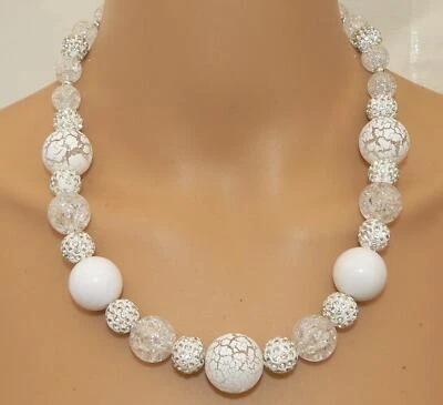 Kette Halskette Perlen 20 Ø Krakelee opak crash Strass glitzer weiß 379q - Bild 1 von 4