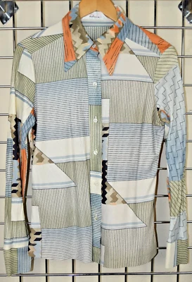 Vintage Shirt Lady Arrow Mod GoGo Size S/M 60s Striped Collared Thin Silky Top - Image 1 of 4