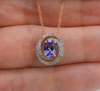 Антикварный кулон с цепочкой из голубого танзанита овальной огранки с покрытием из розового золота 14 карат 2 карата - Изображение 1 из 4