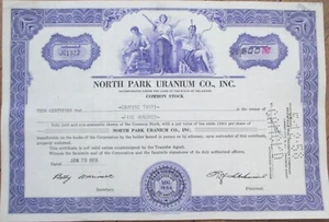 North Park Uranium Co. 1955 Mining Stock Certificate, Purple - Picture 1 of 1