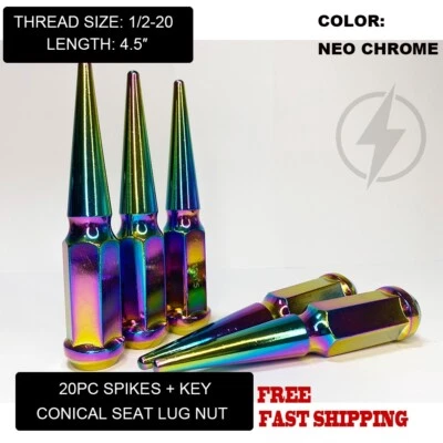FIT FORD TAURUS EXPLORER FLEX MUSTANG SPIKE LUG NUT 1/2-20 NEO CHROME 20PC+KEY - Imagem 1 de 4