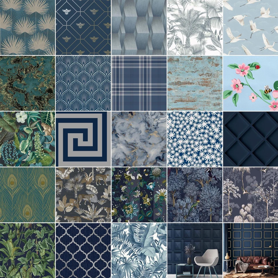 Navy & Blue Wallpaper - Geometric Floral Animals Metallic - Various Designs - Image 1 of 1