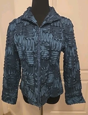 Chaqueta Blazer Samuel Dong Mujer Manga Campana Artística Grande Azul Texturizada Cremallera Foto 1 de 4