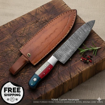 Faca de chef personalizada feita à mão forjada em aço damasco 8 polegadas com bainha - Imagem 1 de 4