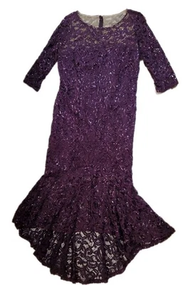 Vestido de cóctel Marina púrpura oscuro adorno lentejuelas encaje sirena alto bajo talla 10 Foto 1 de 4
