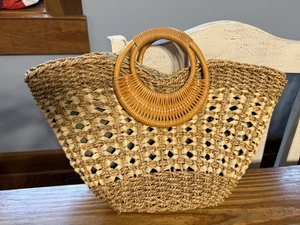 Betmar New York Woven Wicker Reed Tote Bag Purse Brown 17x13" Bamboo Handle - Picture 1 of 12