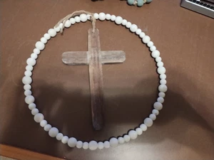 Cross Wall Hanging Wood Beads Farmhouse Rustic Cottagecore Boho Christian Decor - Picture 1 of 1