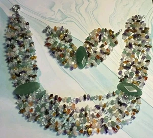Vintage Jade Multicolor Semi Precious Stone Multi Strand Necklace & Bracelet Set - Picture 1 of 13