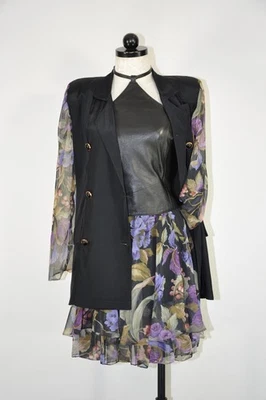 90s Vintage Black Garden Floral Chiffon Romantic Blazer Mini Skirt Suit Women S - Image 1 of 4