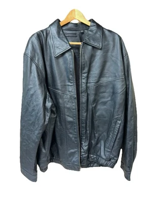 Roundtree Yorke Black Leather Bomber Jacket Full Zip Collared Heavy Mens 2XL - Image 1 of 4