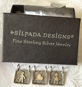 Silpada Sterling Silver Girl, Heart , and Boy Square Charm Pendants Set Of 3-NEW - Picture 1 of 2