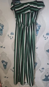 Green Black White Stripe Strapless Elasticated Jumpsuit, Belt Loops, Quiz L 14 - Picture 1 of 3