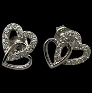 ORECCHINI CUORI DOPPI BRILLNATATI IN ARGENTO 925 RODIATO A BOTTONE RAGAZZA DONNA - Foto 1 di 9