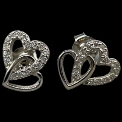 ORECCHINI CUORI DOPPI BRILLNATATI IN ARGENTO 925 RODIATO A BOTTONE RAGAZZA DONNA - Immagine 1 di 4