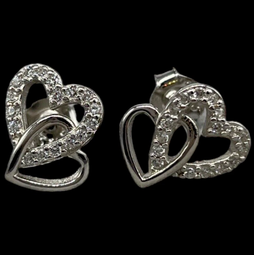 ORECCHINI CUORI DOPPI BRILLNATATI IN ARGENTO 925 RODIATO A BOTTONE RAGAZZA DONNA - Immagine 1 di 4