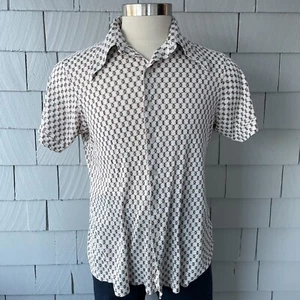 60s Vintage White Brown Lattice Dagger Collar Short Sleeve Button Down Shirt L - Picture 1 of 7