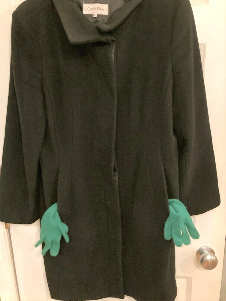 Calvin Klein 100% Wool Black Mid Length Coat Stand up Collar hidden Button Sz 12 - Image 1 of 4