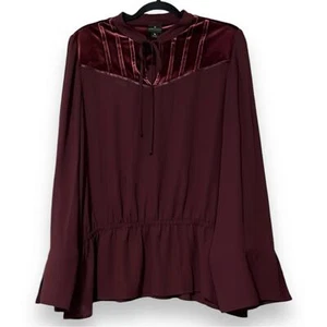 WORTHINGTON size x-large maroon berry peasant gathered waist blouse sheer v-neck - Picture 1 of 10