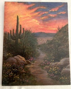 Hermosa pintura original al óleo/acrílico 11x14 "Puesta de sol del desierto" única en su clase - Imagen 1 de 5
