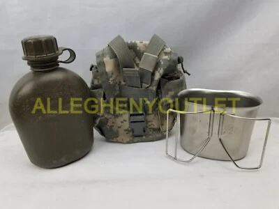 US Military 3 Pc 1  QUART CANTEEN SET w MOLLE ACU Cover & USGI Stainless Cup VGC - Image 1 of 4