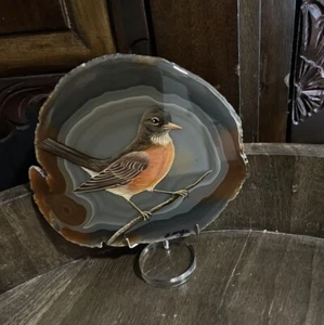 Vintage Hand Painted Bird Robin On Brazilian Agate Heather Haynes McGee - Picture 1 of 8