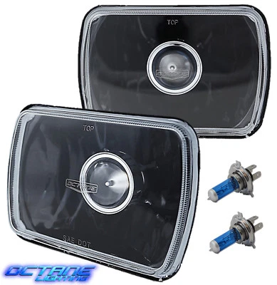 7X6 Black Projector Halogen Crystal Clear Glass Headlight H4 Light Bulbs Pair - Image 1 of 4