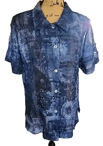 R & K Woman’s Size 16 Blue Geometric Design Sheer Short Sleeve Button Up Blouse - Picture 1 of 13