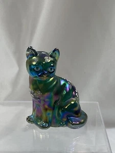 Fenton Iridescent Carnival Glass Hand Painted Sitting Cat Figurine C Mackay - Picture 1 of 7