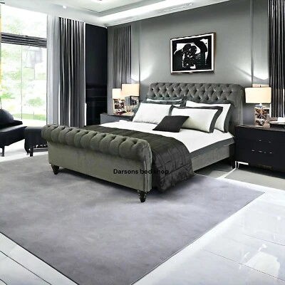 Darsons 3Ft 4Ft 5Ft 6Ft Upholstered Chesterfield Sleigh Scroll Bed Frame - Image 1 of 4