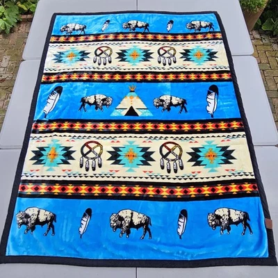 Southwestern Reversible Plush Throw Blanket Native Aztec Print Blue Black - Image 1 of 4