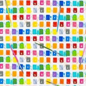 Novelty Fabric | Artist's Desk Paintbrush & Paint White | Robert Kaufman YARD - Picture 1 of 1