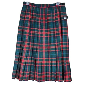 LL Bean Wool Tartan Kilt Womens 14 Petite Green Red Plaid Pleated Scotland Skirt - Picture 1 of 15