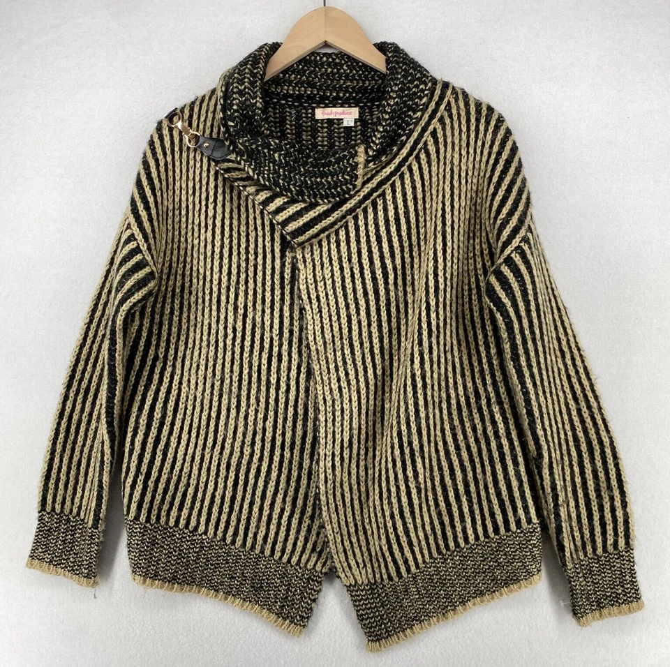 FRESH PRODUCE Sweater L Chunky Striped Cardigan Wrap Moto Beige Black - Image 1 of 4